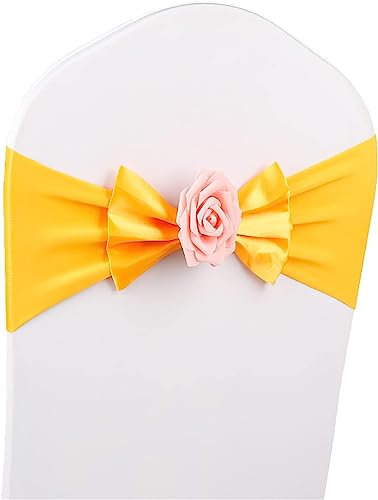 Stolsbågar for bröllop, rosettöverdrag, elastiska stolsband, stolsband, stolsbågar, spandex stolsbågar med rosenkula konstgjorda bröllopsstolsbågar Bröllopsstolar fluga Stol täckband Party 10 st.(Gold