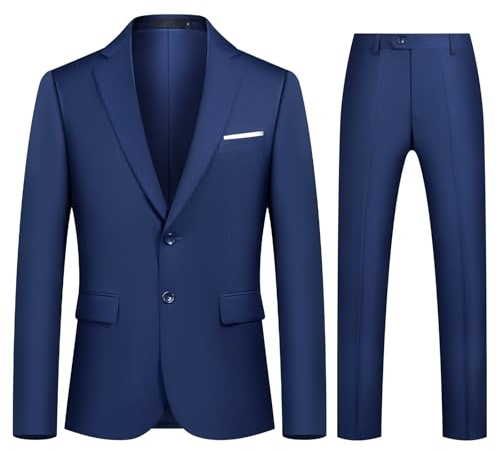Autsel Traje para Hombre de 2 Piezas de Color Liso con Dos Botones de Trabajo Business Vestido Slim Fit (Blazer + Pantalones) Azul Marino L