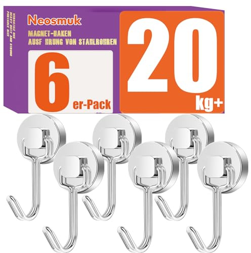 Neosmuk Swing-Magnethaken, 20 kg Haftkraft, Silber, 6 Stück, extra stark | Neodym-Magnethaken für Spind-Organizer, Werkstatteinrichtung, Heckzelt und Grill, vielseitig einsetzbar