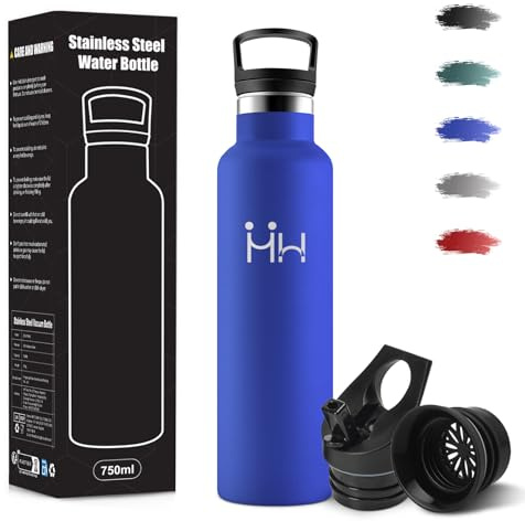 Gourde, 750 ml Sans BPA, Gourde Isotherme, 18/8 Acier Inoxydable, Bouteille Avec Paille et 2 Couvercles, Bouteille Isotherme pour Camping, Salle de Sport, Bureau - Bleu royal