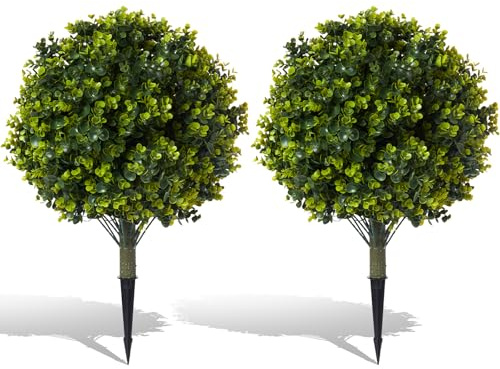 Pair(2) Artificial Boxwood Topiary Ball Bush for Outdoor with Ground Spike,30 UV Resistant Faux Boxwood Ball Tree, Fake Green Boxwood Plants for Garden, Yard, Porch, Patio Decor