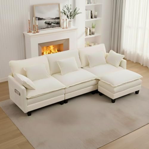 ZRNINR L-förmiges modulares Ecksofa mit Ottomane, 4-Sitzer-Sofa mit tiefer Sitzfläche, bequemes Wolkensofa mit Kissen, modernes Sofa für Wohnzimmer, Schlafzimmer, Wohnung, Büro (287CM, Beige)