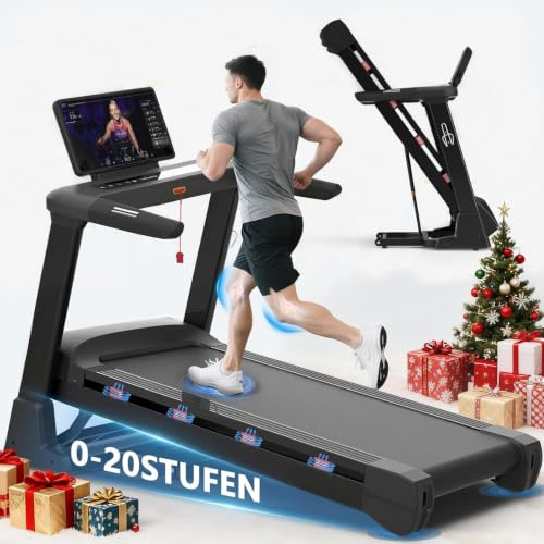Tapis de Marche Pliable Professionnel avec APP, Moteur 7.5CV, 20km/h, 20 Niveaux de Pente Automatique, Tapis de Course pour Maison, Charge 200KG, Ultra Silencieux, Écran Tactile 15.6