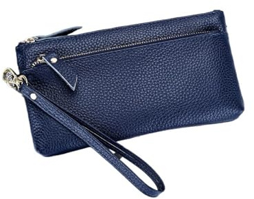 Sacs pochettes à dragonne en cuir véritable souple pour femmes, petits sacs à main pour téléphone, portefeuilles longs, bourses tendance, bleu marine, 1