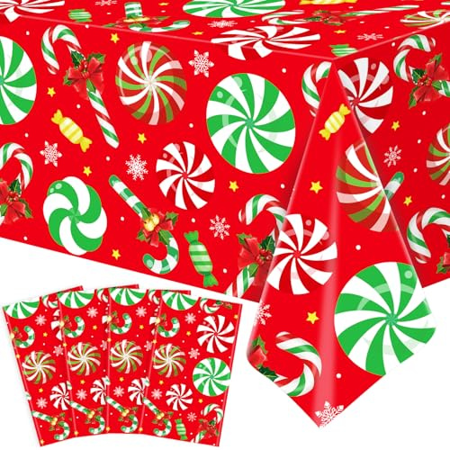 4 Pack Weihnachten Tischdecke Weihnachten Party Tischdecke Xmas Party Dekoration Süßigkeiten Thematische Xmas mit Zuckerstange und Schneeflocken 51 X 86 IN