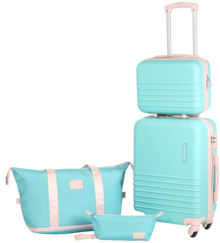 Fergana ABS, 20-Inch Carry-On Suitcase Set – Lightweight Hard Shell Cabin Luggage with Travel Duffel, Vanity Case & Toiletry Bag, Double Spinner Wheels, TSA Lock. (Baby Blue)