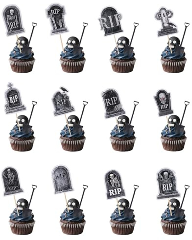 Tinoaly 24pcs Halloween Tombstone Cupcake Toppers & 24 Mini Shovel Spoons, Graveyard Cake Decorations Horror Cake Toppers Food Appetizer Picks for Halloween Party Supplies Birthday Cookies Desserts