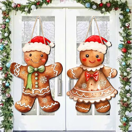 Qunkun Weihnachten Lebkuchenmann Türschmuck, 2 Stück 30 × 20 cm Lebkuchenmann Weihnachtstürhänger, Weihnachts Haustür Dekoration, Süße Weihnachtstürhänger für Indoor Outdoor Weihnachtsfeier Deko