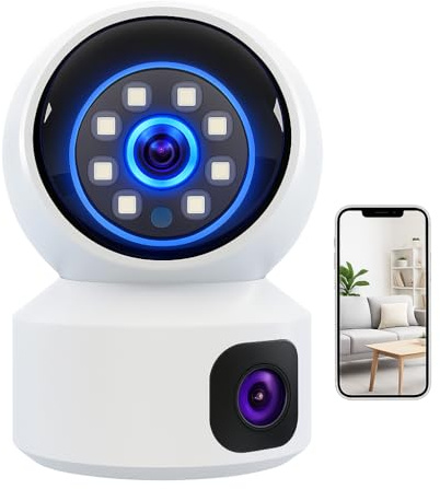 Utilify | Telecamera di sorveglianza WiFi da 8 MP a doppia lente – Visione notturna, Audio bidirezionale, Rilevamento del movimento, Telecomando, Memoria SD 64 GB inclusa, esterna e interna (doppio
