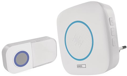 EMOS - Türklingel/Funkklingel Set mit Klingel und wasserdichtem Klingelknopf - 36 Melodien, farbige Signalisierung - 150m Reichweite, 4 Lautstärken bis 90 dB - Plug-In/Batteriebetrieb - weiß