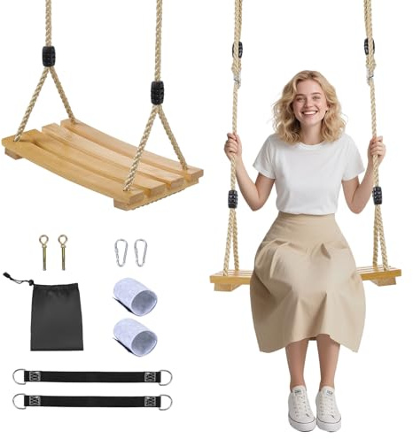 Lischwert Holzschaukel, Tragkraft bis 150 kg, höhenverstellbar, wasserdicht, für drinnen und draußen, Garten, Spielplatz (Wood)