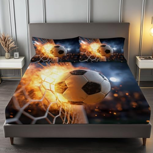 Pallone Da Calcio 3D Colpisce Ragazzo Tennista Lenzuola Una Piazza e Mezza con Angoli Blu, 150 x 200 cm Lenzuola in Microfibra con Angolo Fino a 30 cm, Set completo da letto con 2 federe