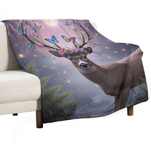 NAQSKQF Fantasy Deer Butterfly Moon Fern Super Soft Throw Blanket, Mystical Flower Flannel Fleece Decorative Throw for Sofa Couch Bedroom Decor Outdoor Use 40x50