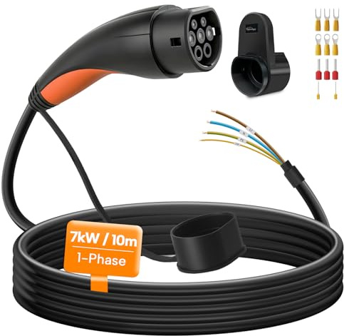 Câble de Recharge de Type 2 extrémité Ouverte, 7 kW/monophasé/32 A/10 m | Câble de Remplacement pour borne de Recharge Murale et Station de Recharge de Type 2, pour IEC 62196 EVs