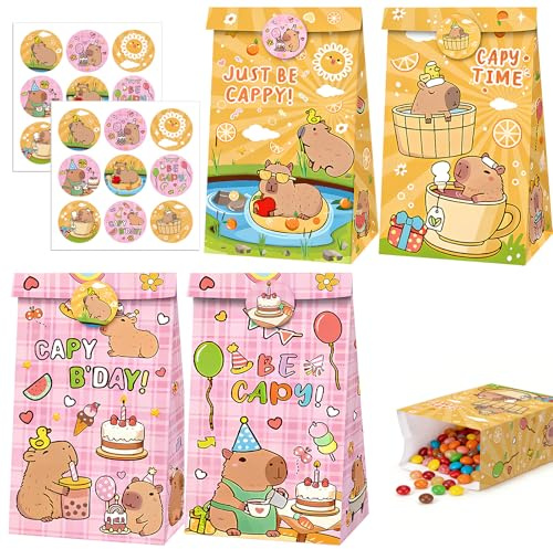 Bolsa Regalo Capybara,12 Bolsas Chuches Cumpleaños con 18Pcs Pegatinas,Embalaje de Regalos Capybara para Fiesta Infantile Cumpleaños Navidad