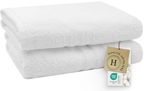 ZOLLNER 2er Set Badetücher in 100x150 cm - Flauschige und saugstarke Handtücher in weiß - mit praktischem Aufhänger - waschbar bis 95°C - Baumwolle - Hotelqualität