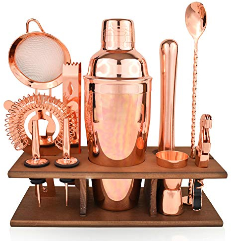 Juego de coctelera parisina de cobre de 11 piezas, coctelera de oro rosa con mortero, vertedor, colador y cuchara de barra trenzada