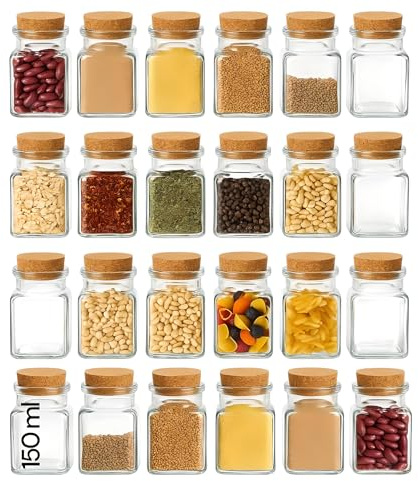 gouveo Set de 24 pots à épices carrés 150 ml avec bouchon - Petits pots en liège avec bouchon en liège - Pots à provisions vides pour herbes, épices - Petite boîte en verre