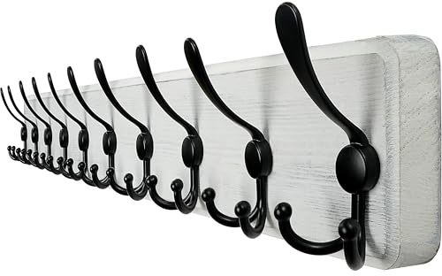 WEBI Garderobenleiste,98cm Lang Garderobenhaken,Wandgarderobe mit 10 Dreifachhaken,Kleiderhaken Wand,Hakenleiste Garderobe Holz,Jackenhalter Wand für Mäntel,Jacken,Schwarz auf Weiß