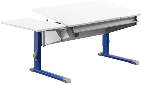 Moll Bandit Kinderschreibtisch höhenverstellbar | mitwachsend, ergonomisch & neigbar für aufrechtes Sitzen | ideal für Schulkinder | Schreibtisch weiß (mit Side Top, Blau, 117,2cm x 70,5cm)