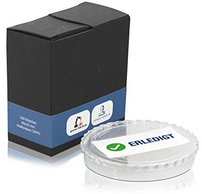 stempel-fabrik – “ERLEDIGT” Aufkleber im Spenderkarton – 250 Stück Klebeetiketten á 60 x 30 mm zur Kennzeichnung von abgearbeiteten Aufgaben – selbstklebende Lagertext Etiketten für den Büroalltag