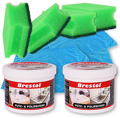 PUTZ & POLIERSTEIN 2 x 900 g + accessoires Set 2 – Pâte de nettoyage universelle avec parfum d'agrumes laisse un effet déperlant dans la cuisine et la salle de bain – Nettoyant universel