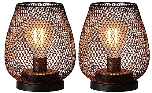 DECORKEY Set of 2 Battery Operated Lamp LED Table Lantern, Brown Metal Cage Cordless Lamps with LED Bulb，Vintage Decorative Outdoor Lantern for Weddings, Parties, Patio, Events for Indoors Shelf Decor