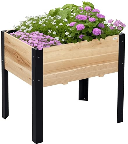 Outsunny Hochbeet Pflanzkasten Blumenkasten Blumentopf Kräuterbeet mit Vliesstoff Massivholz Stahl Natur+Schwarz 80 x 60 x 74 cm
