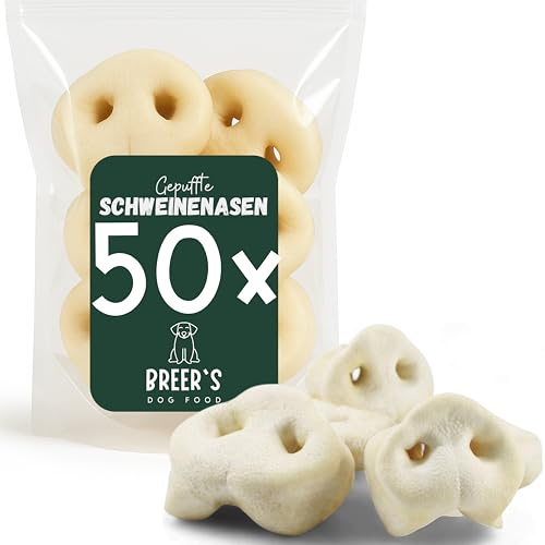 BREERs Gepuffte Schweinenasen für Hunde 50 Stück Naturkau-Snack oder Leckerli, Kauartikel für Groß & Klein, Kauartikel aus Schwein, Hundeleckerli getreidefrei, Kausnack, Leckerli Hund