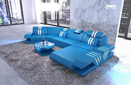Sofa Dreams Couch Wohnlandschaft Venedig C Form Ledersofa - mit LED Beleuchtung, verstellbare Kopfstützen, Recamiere/Lederfarben wählbar/Ausrichtung wählbar (Ottomane rechts, Blau-Weiß)