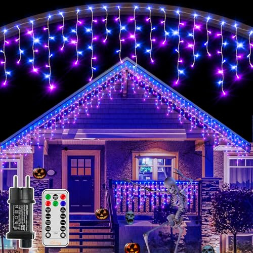 Ollny Eisregen Lichterkette außen 12m 504 LEDs Weihnachtsbeleuchtung außen 84 Saiten IP44 wasserdicht 8 Modi mit Fernbedienung Timer EU Stecker für Pavillon Balkon Blau und Lila