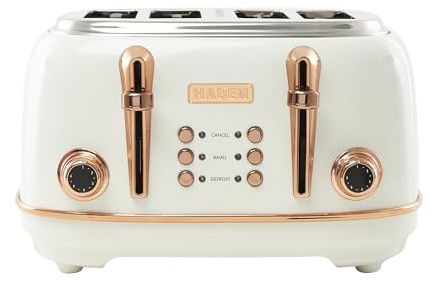 Haden Heritage 4 Slice Wide Slot Stainless Steel Toaster with Adjustable Browning Control & Non-Slip Feet, Ivory & Copper