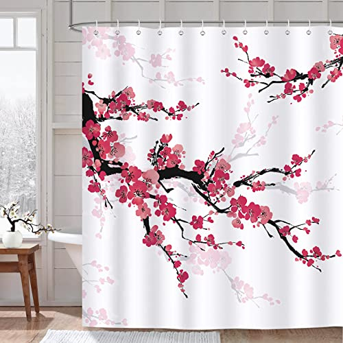 Bonhause Duschvorhang Kirschblüten Japanisch Rote Blumen Duschvorhänge 180 x 200 cm Anti-Schimmel Wasserdicht Polyester Stoff Waschbar Bad Vorhäng für Badzimmer mit 12 Haken