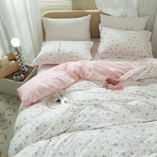mixinni Set copripiumino con stampa floreale, in morbido cotone rosa, reversibile, bianco, con chiusura a cerniera, 4 lacci angolari, per ragazze, dimensioni complete