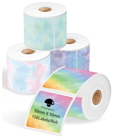 Phomemo Etikettenpapier, Thermo Etiketten für Preis, Logo Kompatibel | mit M220 M250 M221 M120 M150 M108 M110 M421 Etikettendrucker, Mehrfarbiger Farbverlauf,50x50mm,150 Etiketten/Rolle (4 Rolle)