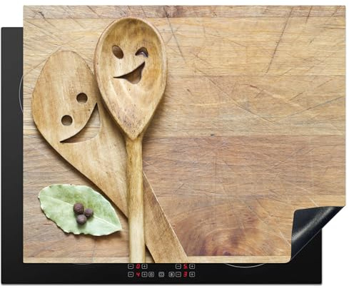 KitchenYeah© Protection Plaque Induction Protege Deco Cuisine Cache Protège | 65x52 cm - De Cuisson Accessoire Bois - Cuillères - Marron - Smiley