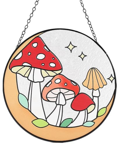 CREATCABIN Mushroom Glass Suncatcher Moon Star Toadstools Sun Catcher Window Wall Hanging Ornament Wall Art Flat Round Glass Panel Decor for Home Garden Indoor Decorations Christmas 6.3Inch