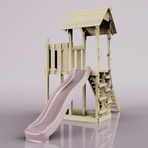 Rebo Spielturm aus Holz mit Wellenrutsche | Outdoor Klettergerüst mit Plattform und Kleterseil