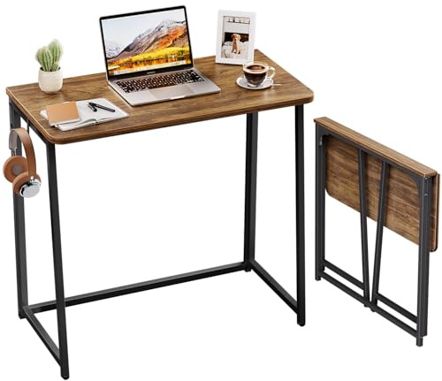 WOHOMO 80cm Hopfällbart Skrivbord, Litet Vikbart Skrivbord för Små Utrymmen, Kompakt Fällbart skrivbord för Bärbara Datorer, Gamingbord HemKontorsbord Skrivning Arbetsbord fÖr kontoret, Brun