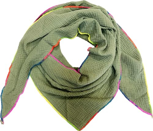 J26 Dreieck Schal aus 100% Baumwolle mit Neon Ränder Frühling Unisex Uni Fashion Stola Tuch Übergangszeit Italy Sommer Lana Wolle Strickschal Strick Tuch (Avocadogrün)