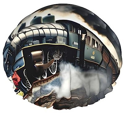Grand bonnet de douche à imprimé train à vapeur avec bande élastique, double couche imperméable, pour femmes, hommes, enfants