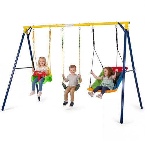 COSTWAY Columpio Jardín Exterior, Juego 3 en 1 de Columpio Infantil, Estructura De Metal, Columpio con Cinturón/Plataforma, 1 Asiento De Columpio Ajustable, 350 x 182 x 195 cm, Carga 300kg (3 en 1-2)