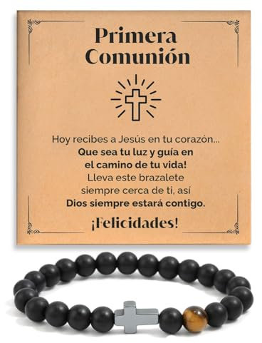 SOFIA FERRER Cadeau de communion pour enfants, bracelet croix communion enfant, cadeaux pour un enfant de communion, bracelet réglable en pierres naturelles avec dédicace, première communion,