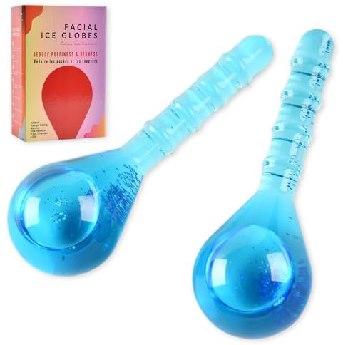 Masaje de Hielo Bola 2 uds, Rodillo Facial Ice Globes Cryo Stick, Bola de Belleza de Hielo contorno de ojos, Masajeador Facial Educe la Hinchazón y Las Ojeras, Mejora la Circulación Sanguínea, Azul