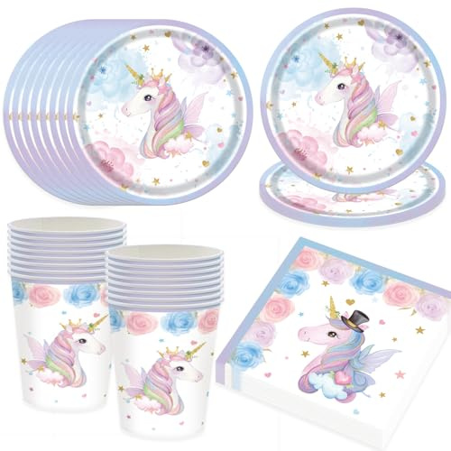 Bikasun Einhorn Partygeschirr Set 16 Gäste, Unicorn Teller Set Geschirr | Einhorn Geburtstag Kindergeburtstag Teller Becher Servietten Pappteller Party Deko