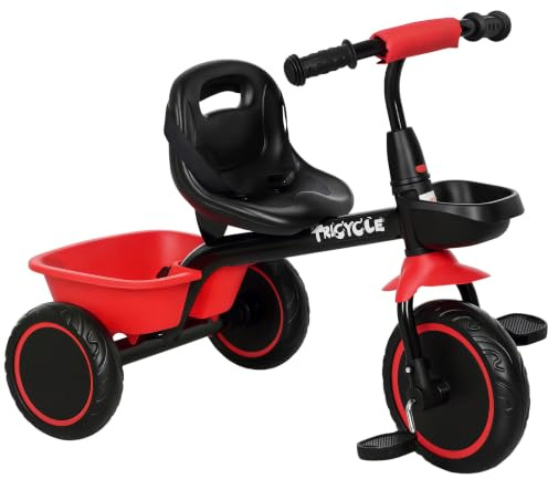 AIYAPLAY Trike for Kids Adjustable Seat for 2 to 5 Years 3 Wheels Red | Toddler Tricycle, Pedal, Front Rear Baskets, Kids Bike Gift, Boys and Girls