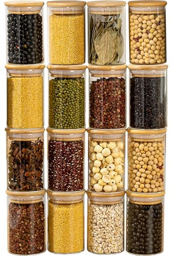 HOMCLASSY Pack 0f 16 250ml Glass Jars With Airtight Bamboo Lids Labels and Chalk, Borosilicate Glass Storage Containers, Spice Jars Set for Tea Coffee Herbs Beans Candies Jellies, Size 10 * 6.5cm