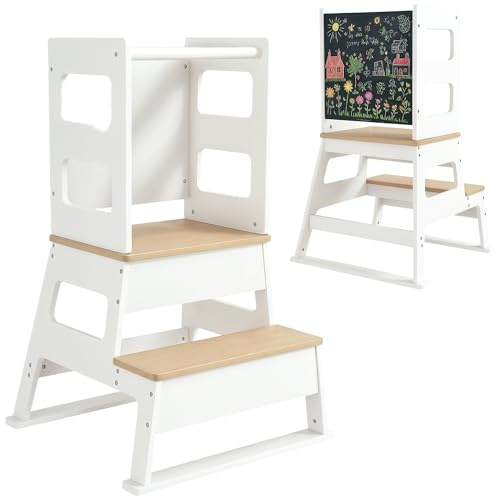 AIYAPLAY Torre de Aprendizaje 2 en 1 Taburete de Aprendizaje para Niños de 3-6 Años con Pizarra y Barrera de Seguridad para Baño Cocina 55x52,5x87,5 cm Blanco