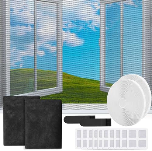 2 Stück Fliegengitter Fenster, 130x150cm Selbstklebend Insektenschutz Fenster mit 2 Rollen Hakenklebeband und 10 Fliegengitter Reparaturpflaster, Zuschneidbar, Kinderleichte Montage (Schwarz)