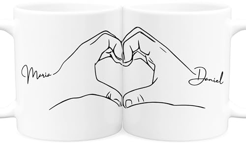Partnertassen personalisiert für Paare 2er Set als Hochzeitsgeschenk | Personalisiert, hochwertige Keramik, spülmaschinen- & mikrowellengeeignet, 330 ml, Hand in Hand Motiv